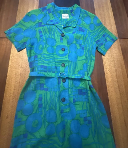Vintage 1960s Pencil Dress Sanford Originals SS Green Blue Woven Print Sz S