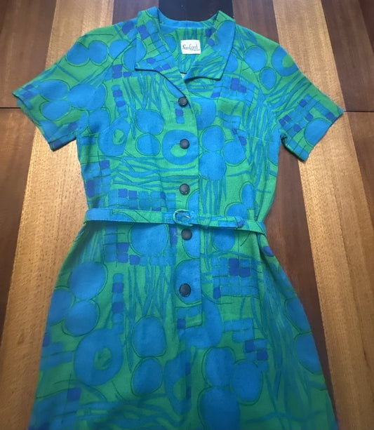 Vintage 1960s Pencil Dress Sanford Originals SS Green Blue Woven Print Sz S