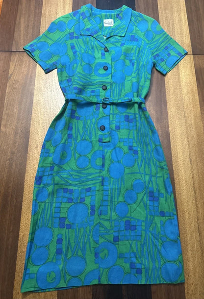 Vintage 1960s Pencil Dress Sanford Originals SS Green Blue Woven Print Sz S