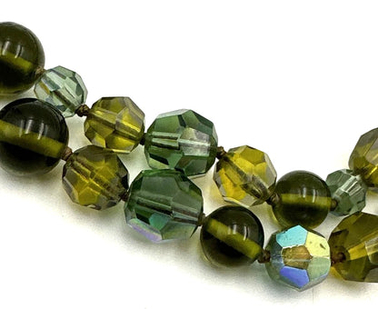 Antique Faceted Green Aurora Borealis Crystal Bead Choker Necklace Double Strand