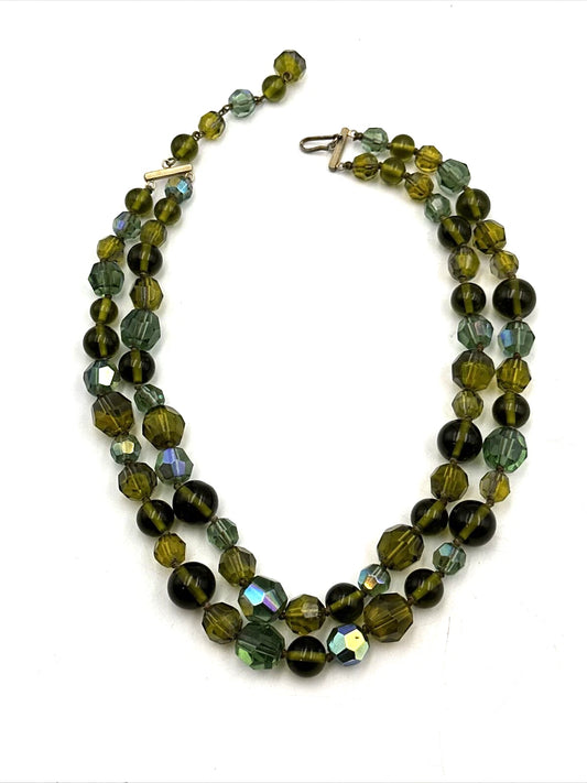 Antique Faceted Green Aurora Borealis Crystal Bead Choker Necklace Double Strand
