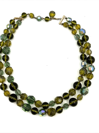 Antique Faceted Green Aurora Borealis Crystal Bead Choker Necklace Double Strand