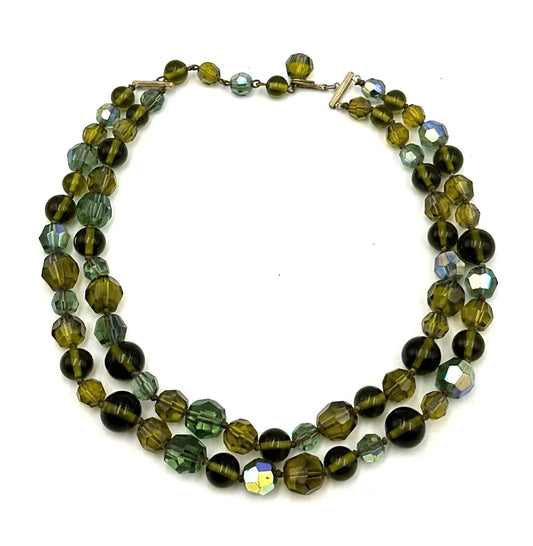 Antique Faceted Green Aurora Borealis Crystal Bead Choker Necklace Double Strand